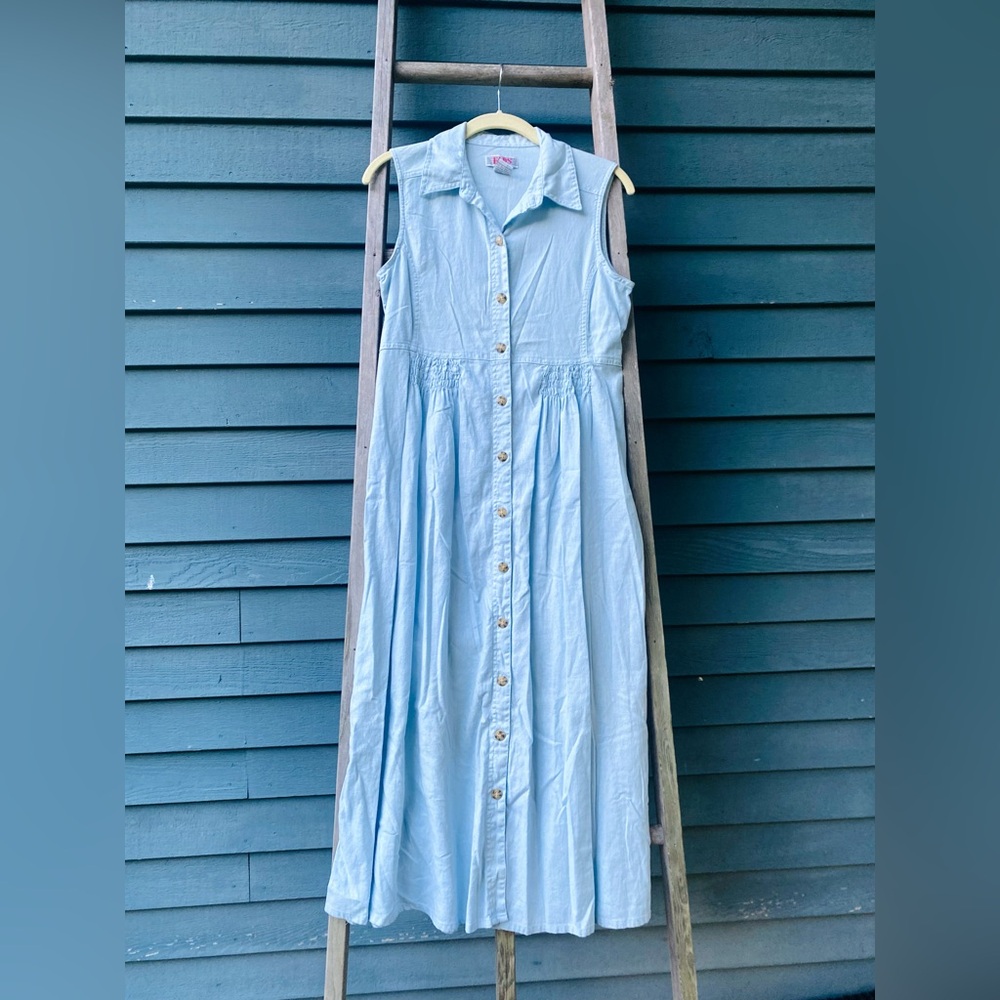 Vintage FADS linen/rayon collared blue button down maxi dress